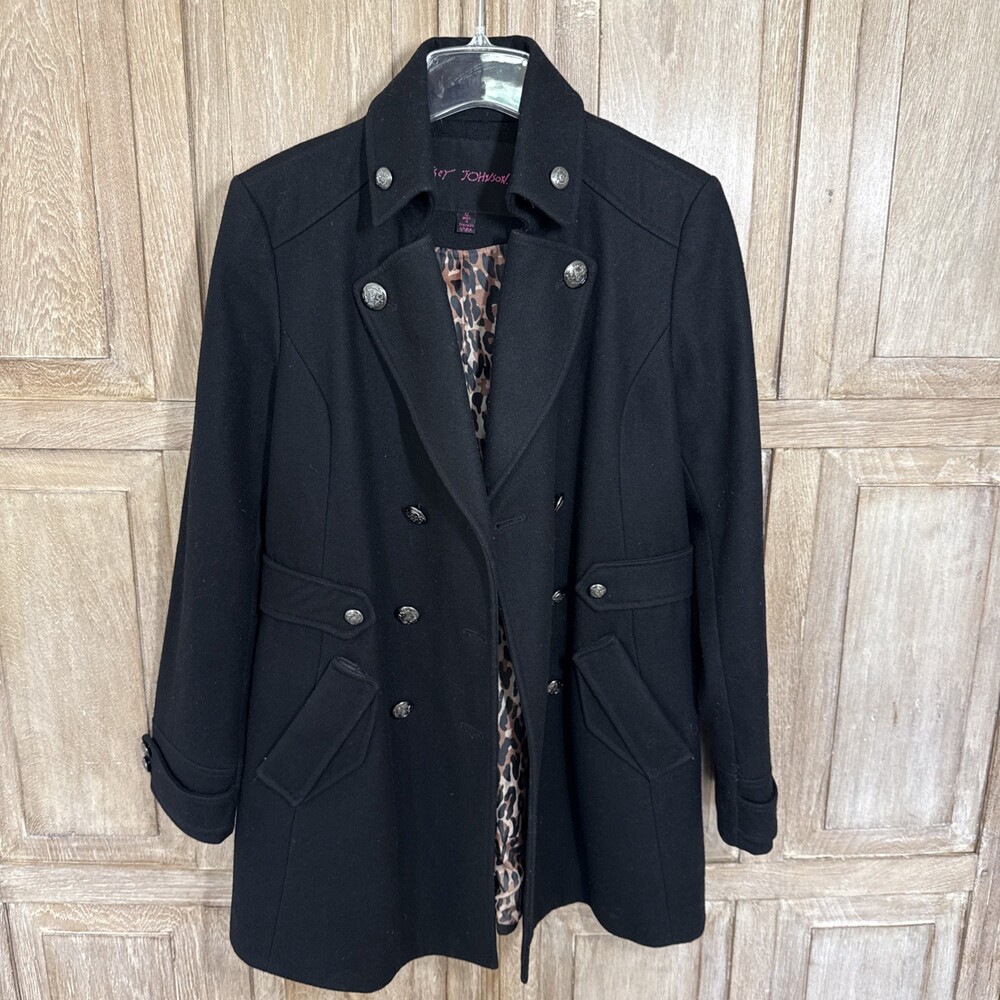 Betsey Johnson Black Wool Blend Peacoat Size 12 Belted Leopard Lining Double